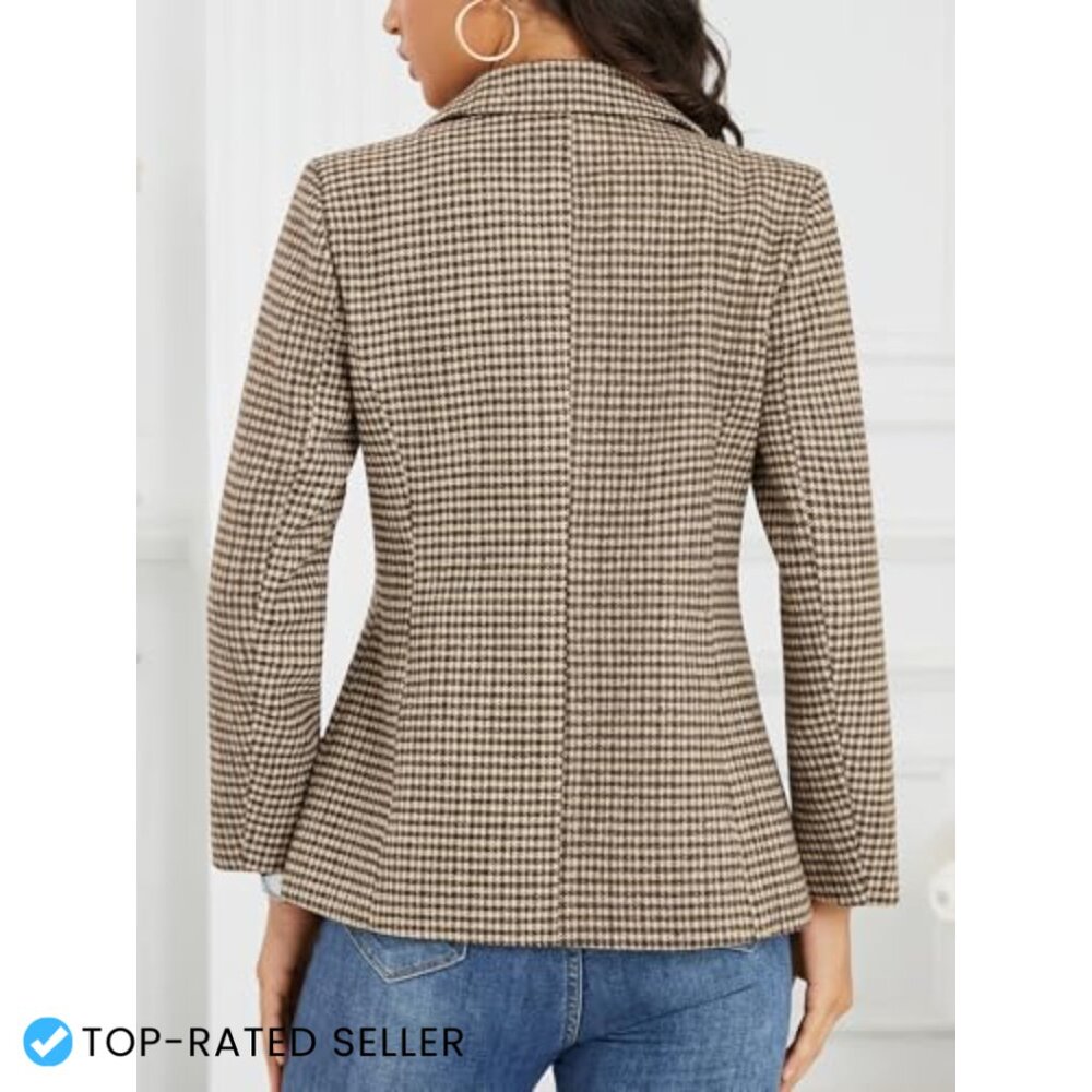 Plaid Blazer with Embroidered Collar Houndstooth Business Casual Office Jacket - Picture 2 of 7